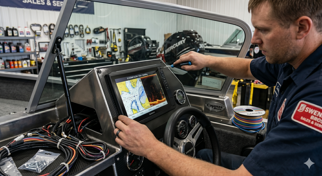 Person installing a Garmin fish finder display on a boat
