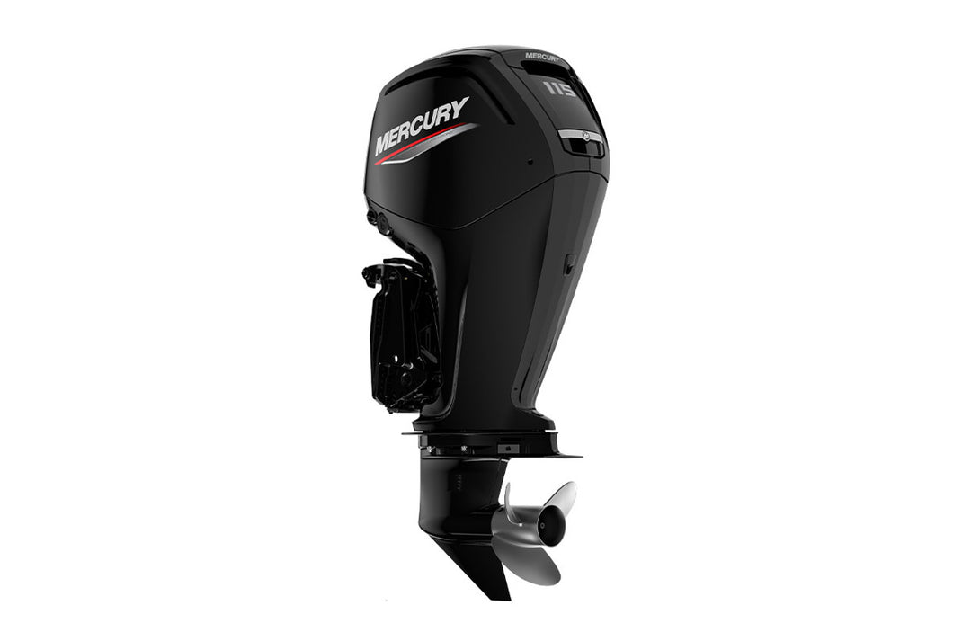 Black 115 horsepower Mercury outboard motor on a white background