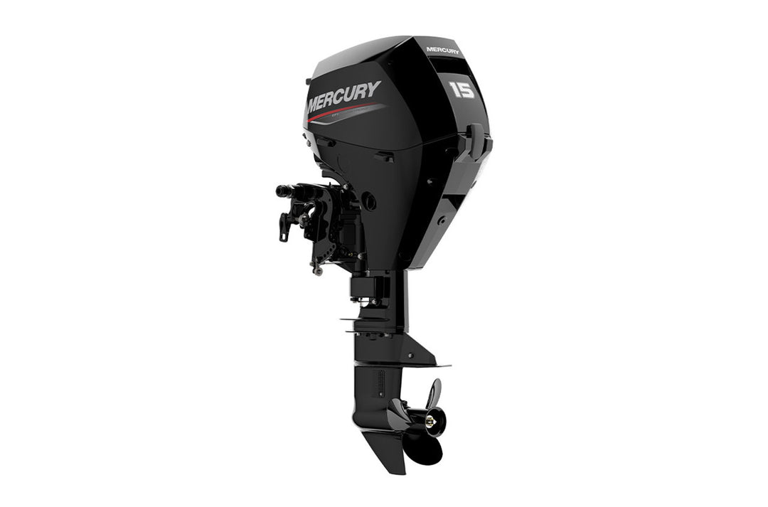 Black 15 horsepower Mercury outboard motor 