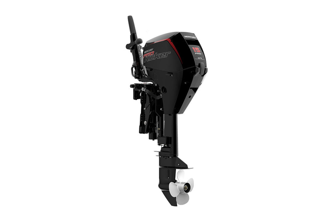 Black 15 horsepower Mercury Pro Kicker outboard motor on a white background