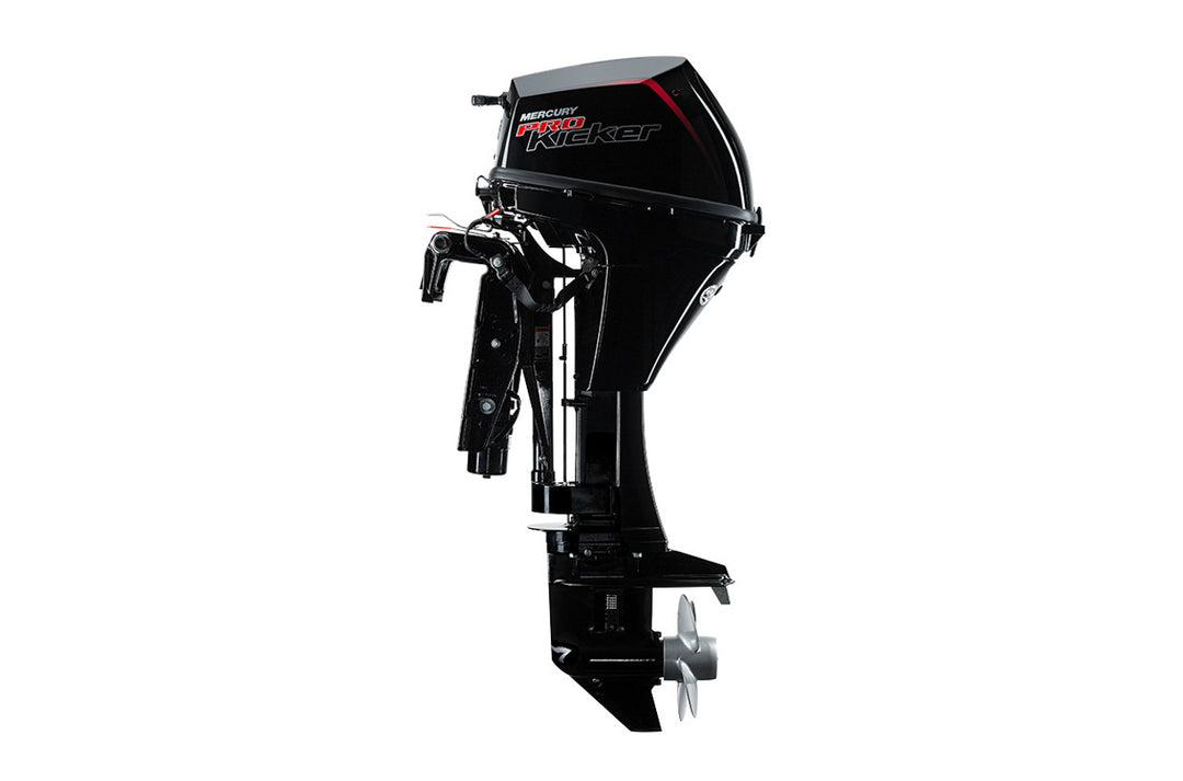 Black 9.9 horsepower Mercury Pro Kicker outboard motor on a white background