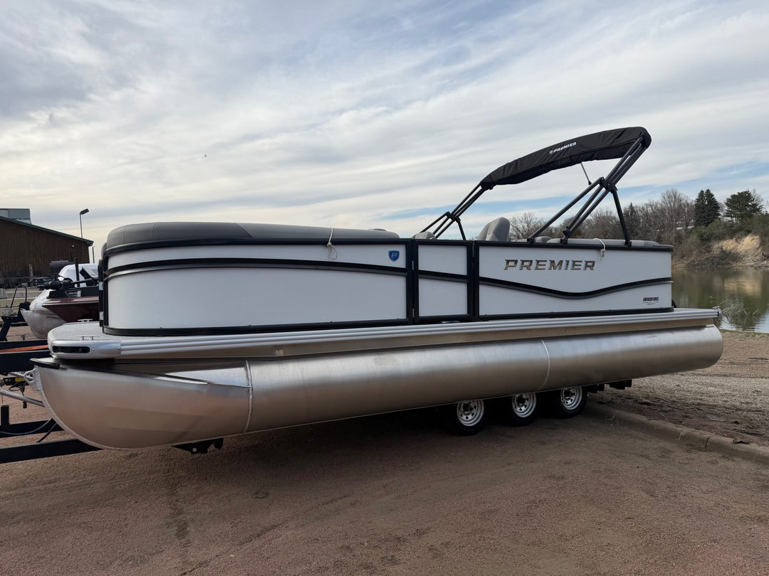 Premier Pontoon boat on a trailer